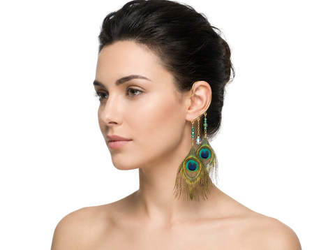 Boho peacock feather ear cuff in gold, no piercing needed