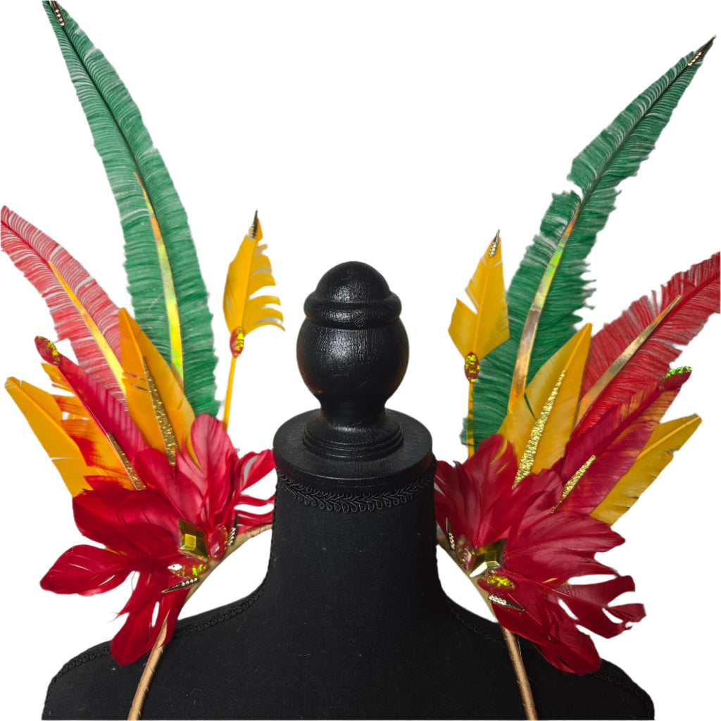 Amazonia Glow Feather Small Collar Wings featuring a vibrant mix of green, gold, and earthy-toned feathers with shimmering accents. Lightweight and perfect for festivals, carnivals, and performances. #carnivalmw