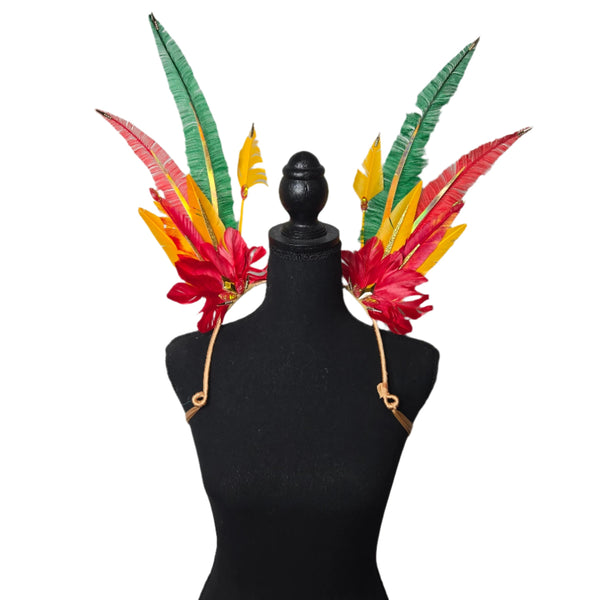 Amazonia Glow Feather Small Collar Wings featuring a vibrant mix of green, gold, and earthy-toned feathers with shimmering accents. Lightweight and perfect for festivals, carnivals, and performances. #carnivalmw