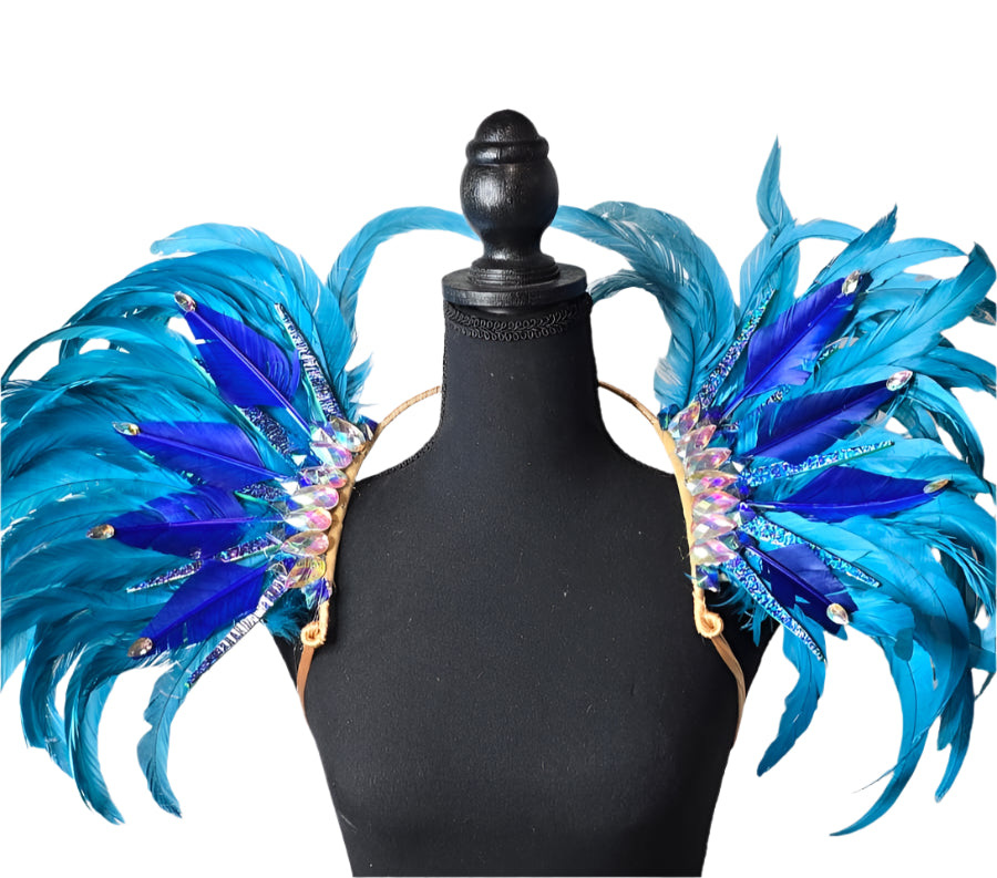 Azure Wave Feather Small Collar Wings featuring a vibrant blend of aqua blue and royal blue feathers with iridescent embellishments; lightweight, adjustable, and handmade for carnival and festival wear. #CARNIVALFEATHERS #CARNIVAL #CARNIVALCOSTUMES