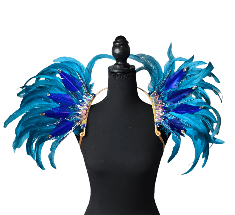 Azure Wave Feather Small Collar Wings featuring a vibrant blend of aqua blue and royal blue feathers with iridescent embellishments; lightweight, adjustable, and handmade for carnival and festival wear. #CARNIVALFEATHERS #CARNIVAL #CARNIVALCOSTUMES
