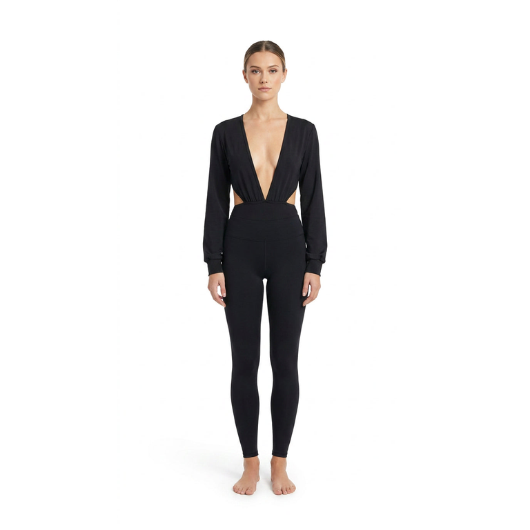 Black Pure Angel Long-Sleeve Plunge Bodysuit — statement piece for carnival fetes, festivals, and nights out