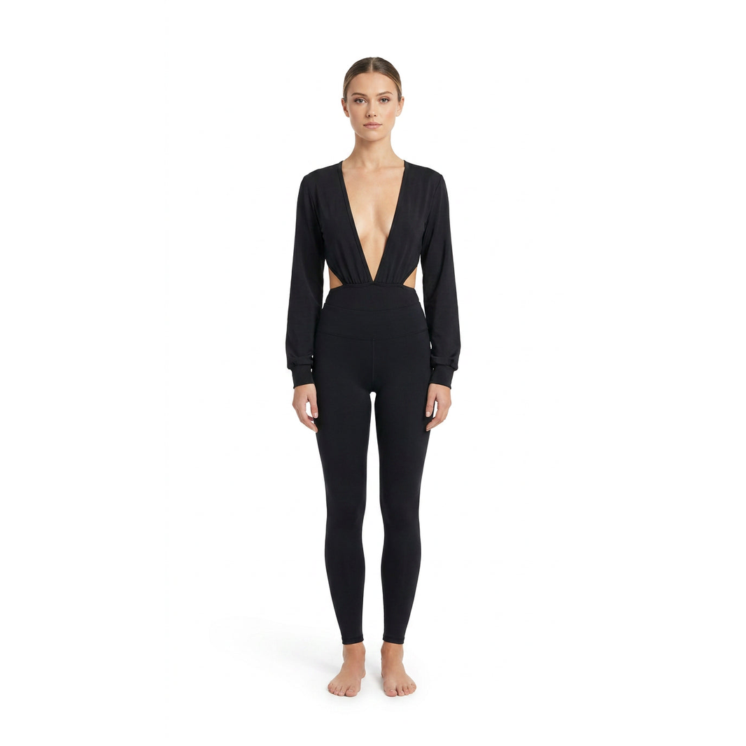 Black Pure Angel Long-Sleeve Plunge Bodysuit — statement piece for carnival fetes, festivals, and nights out