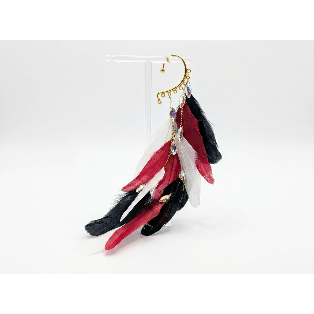 Boho Feather Ear Cuff — Black Red & White Feather Crystal Earring in Gold, No Piercing Needed