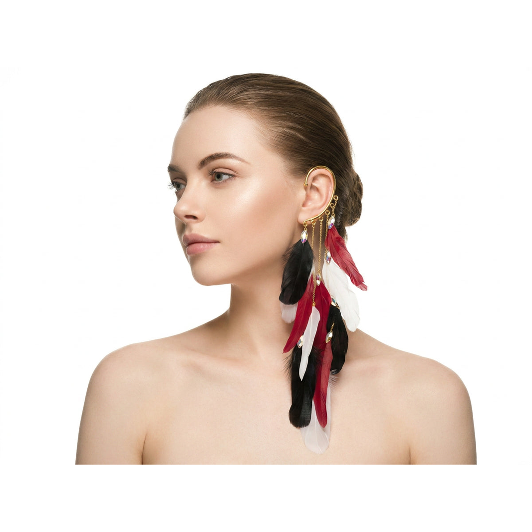 Boho Feather Ear Cuff — Black Red & White Feather Crystal Earring in Gold, No Piercing Needed