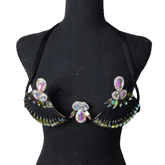 Black Prism Bloom Decorated Wire Bra with iridescent prism trim and crystal bloom accents on a mannequin #carnival #wirebra
