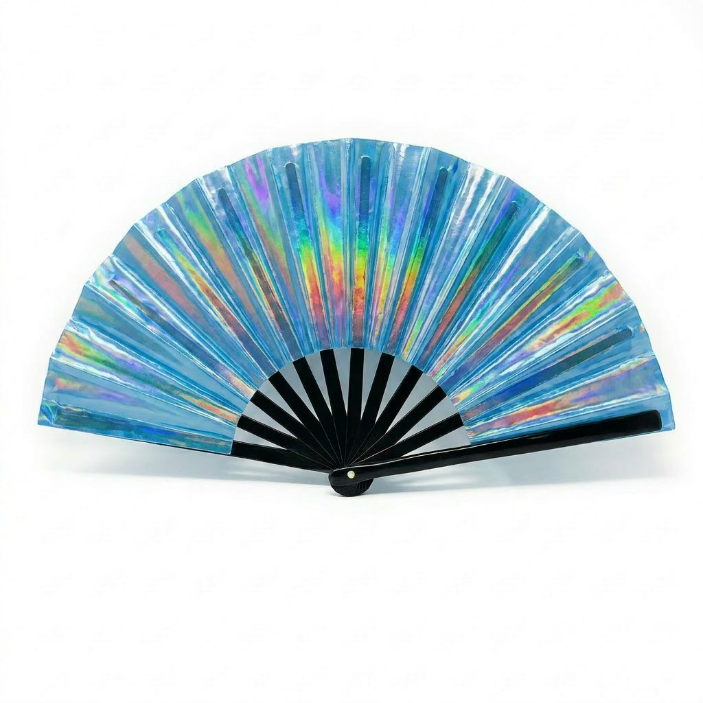 Blue Road Ready Holographic Clacker Fan — holographic clacker hand fan for making noise at fetes, jouvert, and carnival