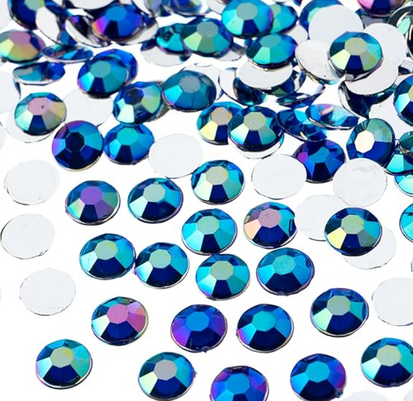 Blue AB round flatback rhinestone, featuring an Aurora Borealis finish, ideal for enhancing carnival costumes and custom designs. #carnivalmw #carnivalsupplies