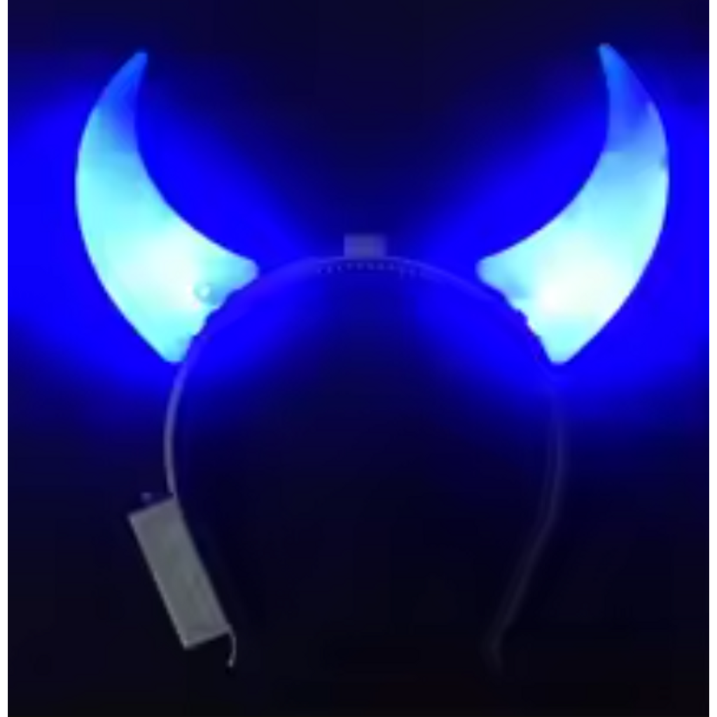 Blue Devil Light-Up LED Headband featuring vibrant blue LED lights, perfect for festivals, carnivals, and themed events