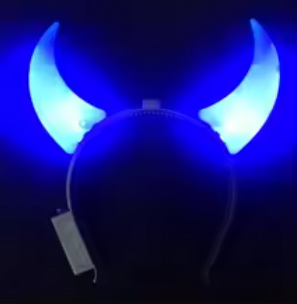 Blue Devil Light-Up LED Headband featuring vibrant blue LED lights, perfect for festivals, carnivals, and themed events. Lightweight and adjustable for a secure and comfortable fit. #carnivalmw #jouvert