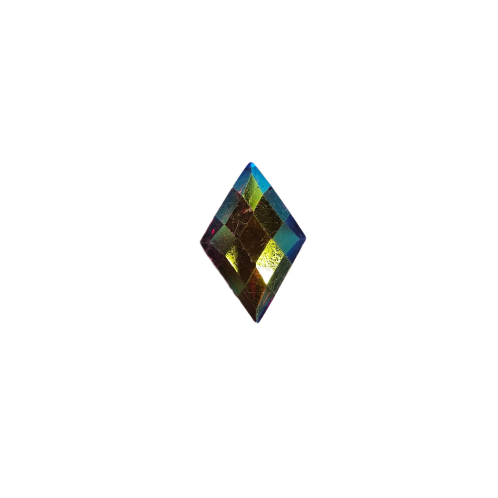 Blue green AB diamond sew-on flatback rhinestone, 20x29MM, featuring an Aurora Borealis finish, ideal for enhancing carnival costumes and custom designs. #carnivalmw #carnivalsupplies