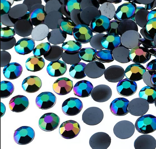 Blue green AB round flatback rhinestone, featuring an Aurora Borealis finish, ideal for enhancing carnival costumes and custom designs. #carnivalmw #carnivalsupplies