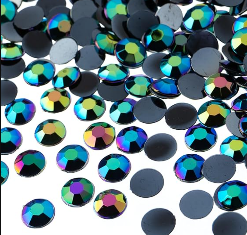 Blue green AB round flatback rhinestone, featuring an Aurora Borealis finish, ideal for enhancing carnival costumes and custom designs. #carnivalmw #carnivalsupplies