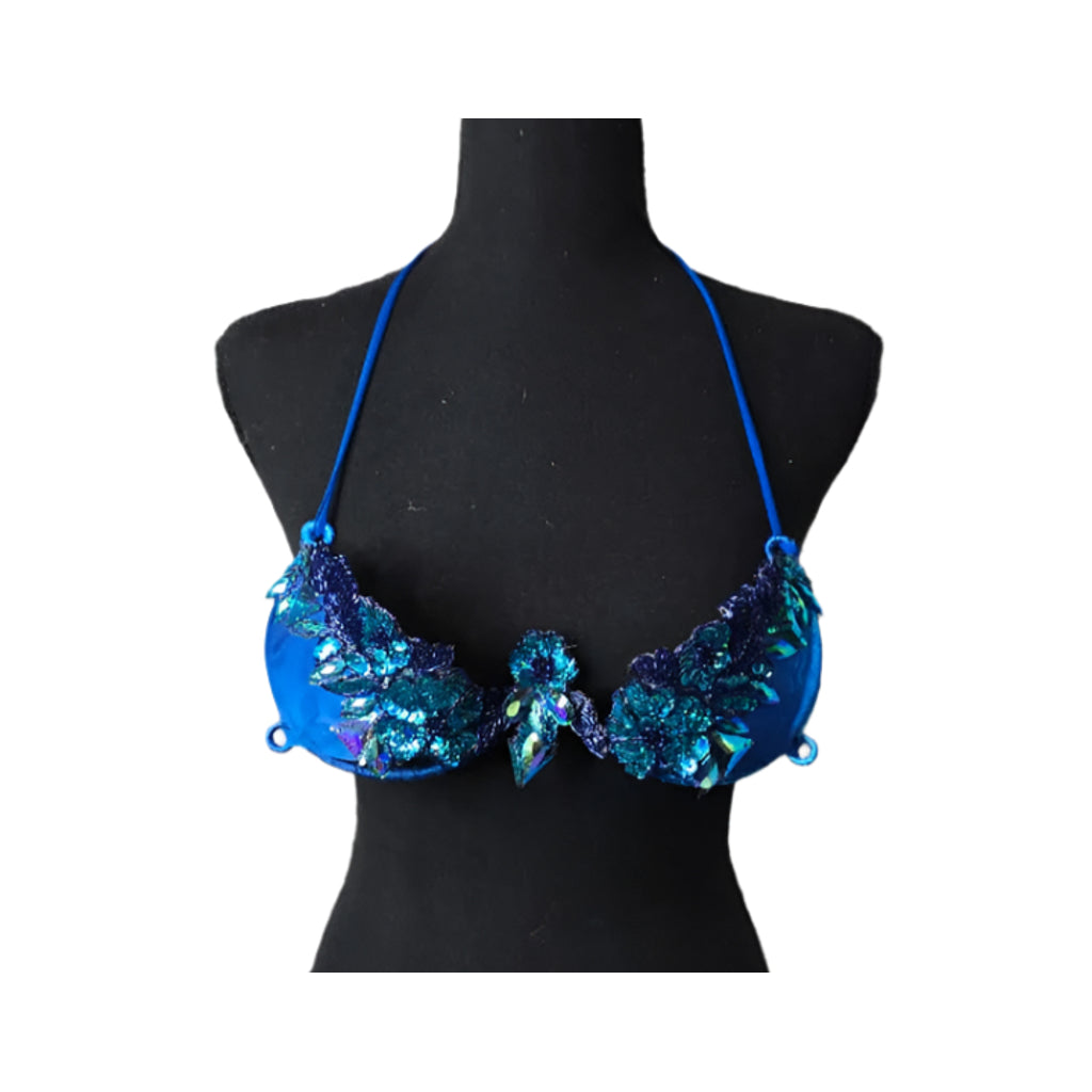 Blue Lagoon Fantasy Decorated Wire Bra with vivid electric blue fabric, covered in sparkling 3D blue gems and floral crystal appliqués, displayed on a black mannequin—perfect for festivals, carnivals, and dazzling performances