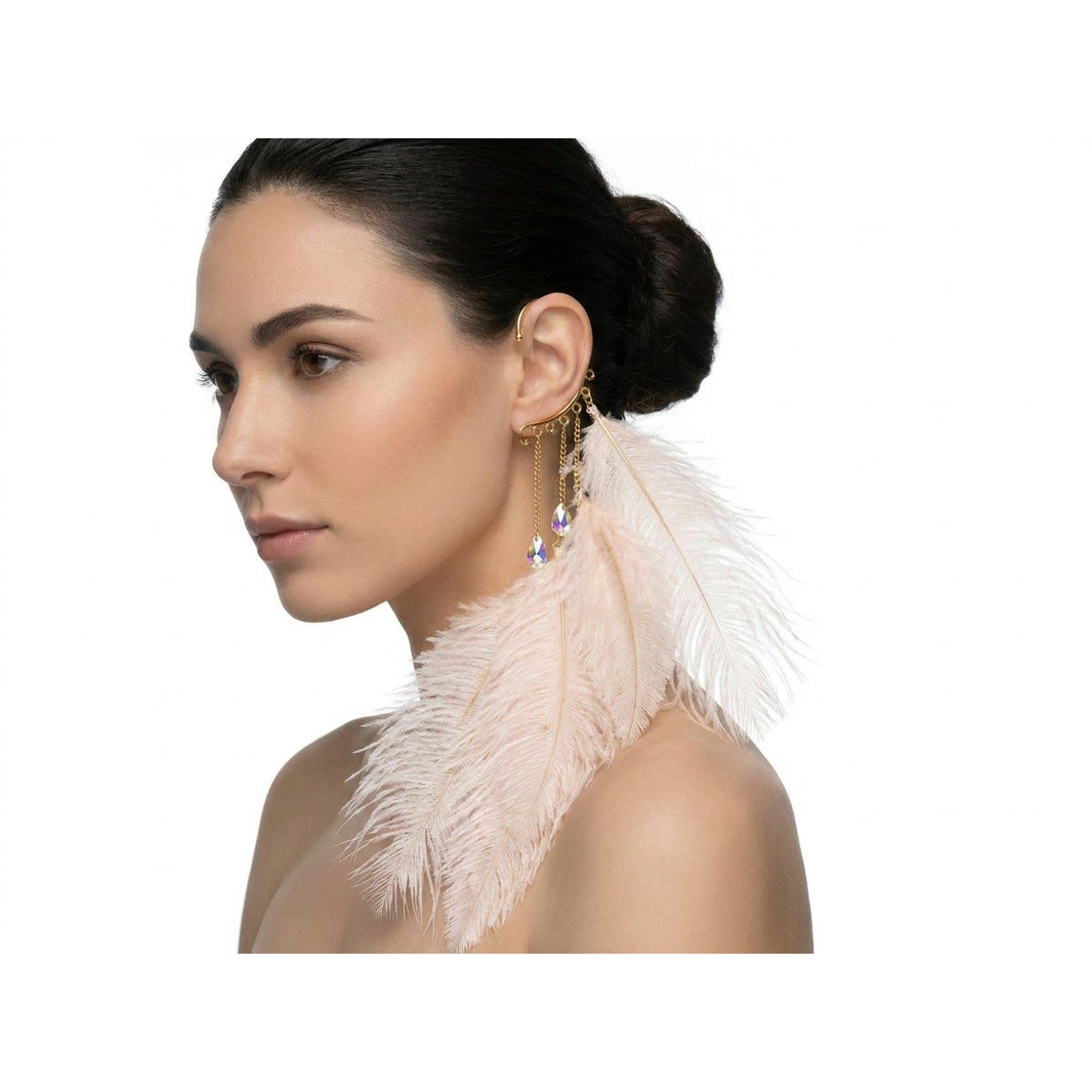 Boho Feather Ear Cuff — Blush Ostrich Feather & Crystal Earring in Gold, No Piercing Needed