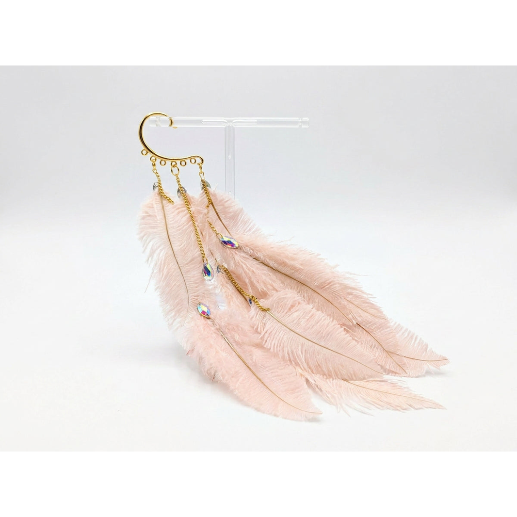 Boho Feather Ear Cuff — Blush Ostrich Feather & Crystal Earring in Gold, No Piercing Needed