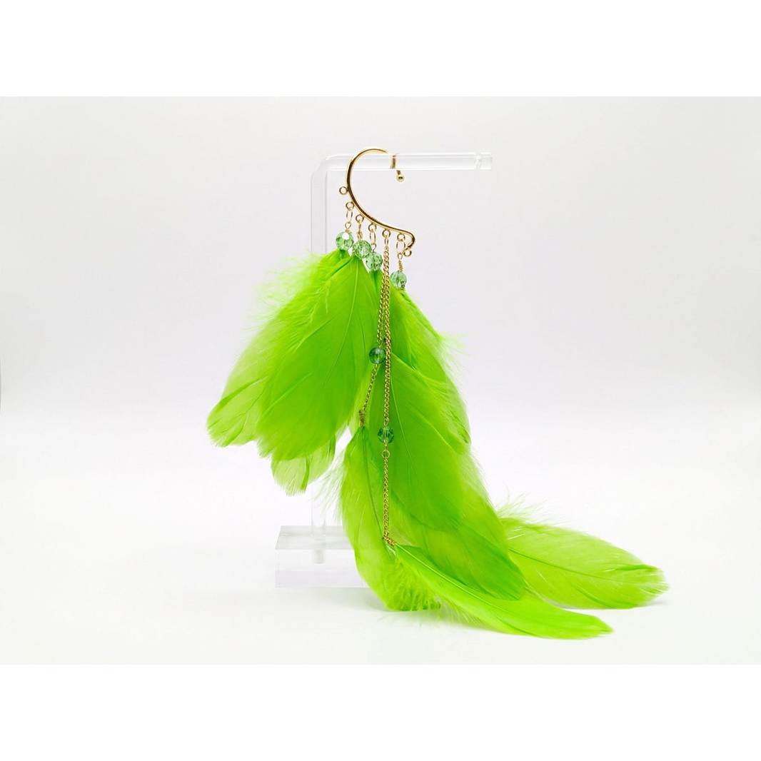 Boho Feather Ear Cuff — Electric Green Feather & Crystal Earring in Gold, No Piercing Needed