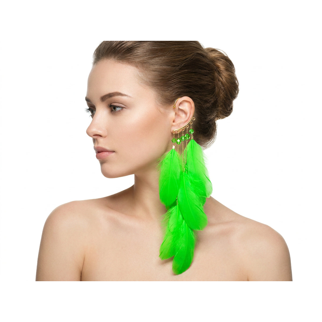 Boho Feather Ear Cuff — Electric Green Feather & Crystal Earring in Gold, No Piercing Needed