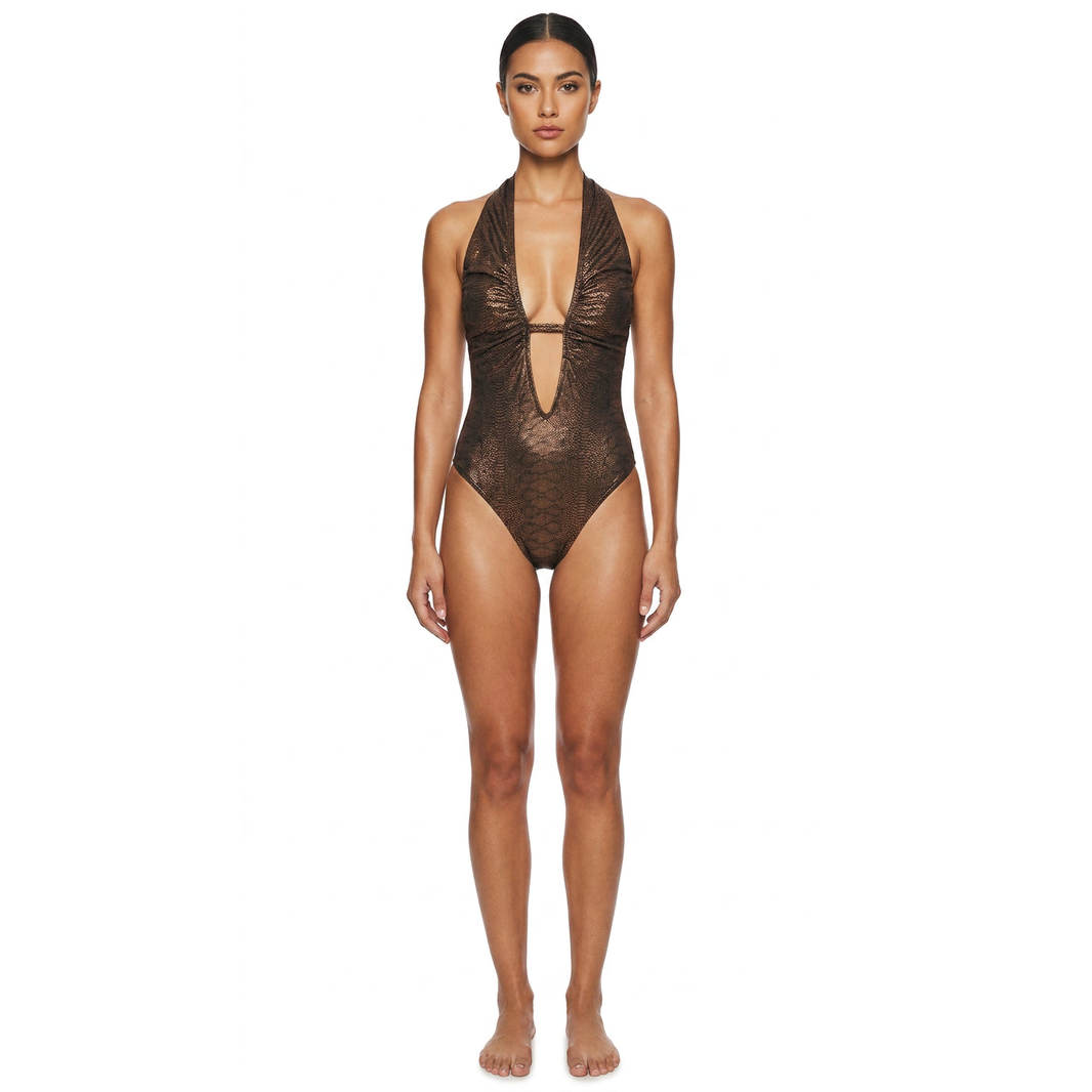 Bronze Serpent One-Piece Monokini Swimsuit Mondaywear — bold one-piece swimsuit for carnival Monday wear, fetes, festivals, pool, and beach
