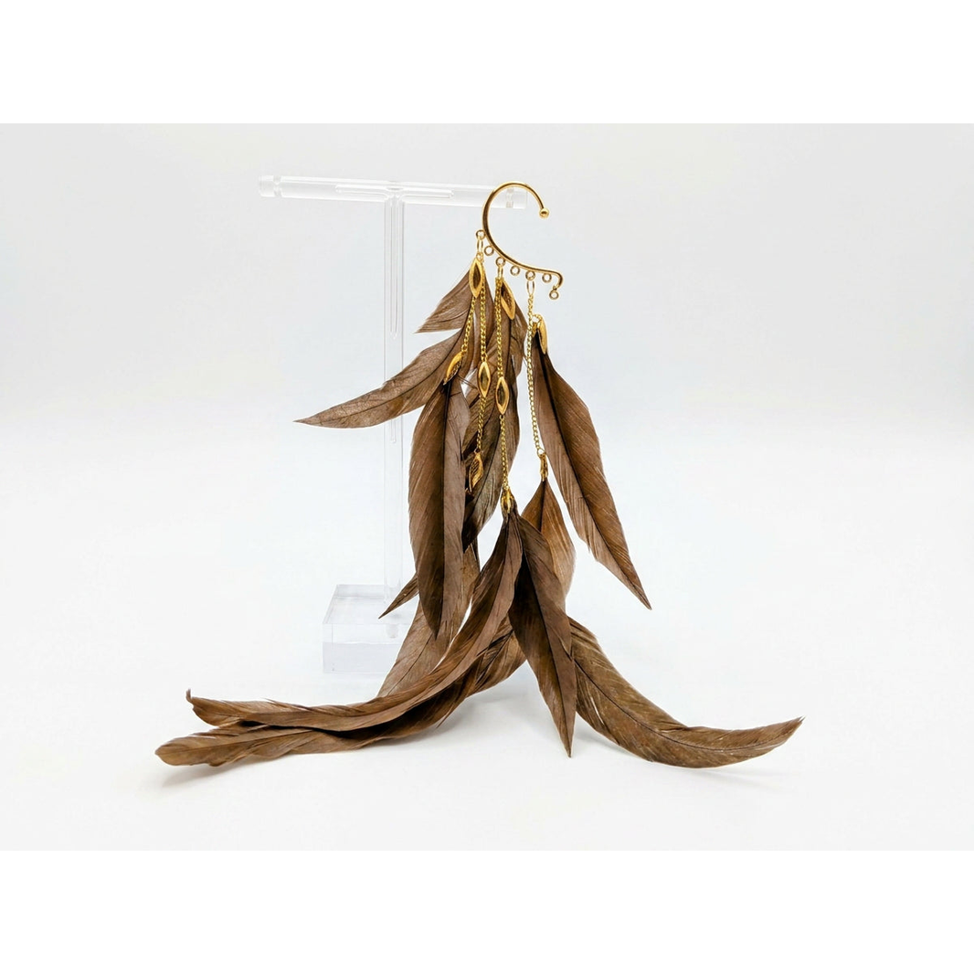 Boho Feather Ear Cuff — Chocolate Brown Feather Earring in Gold, No Piercing Needed
