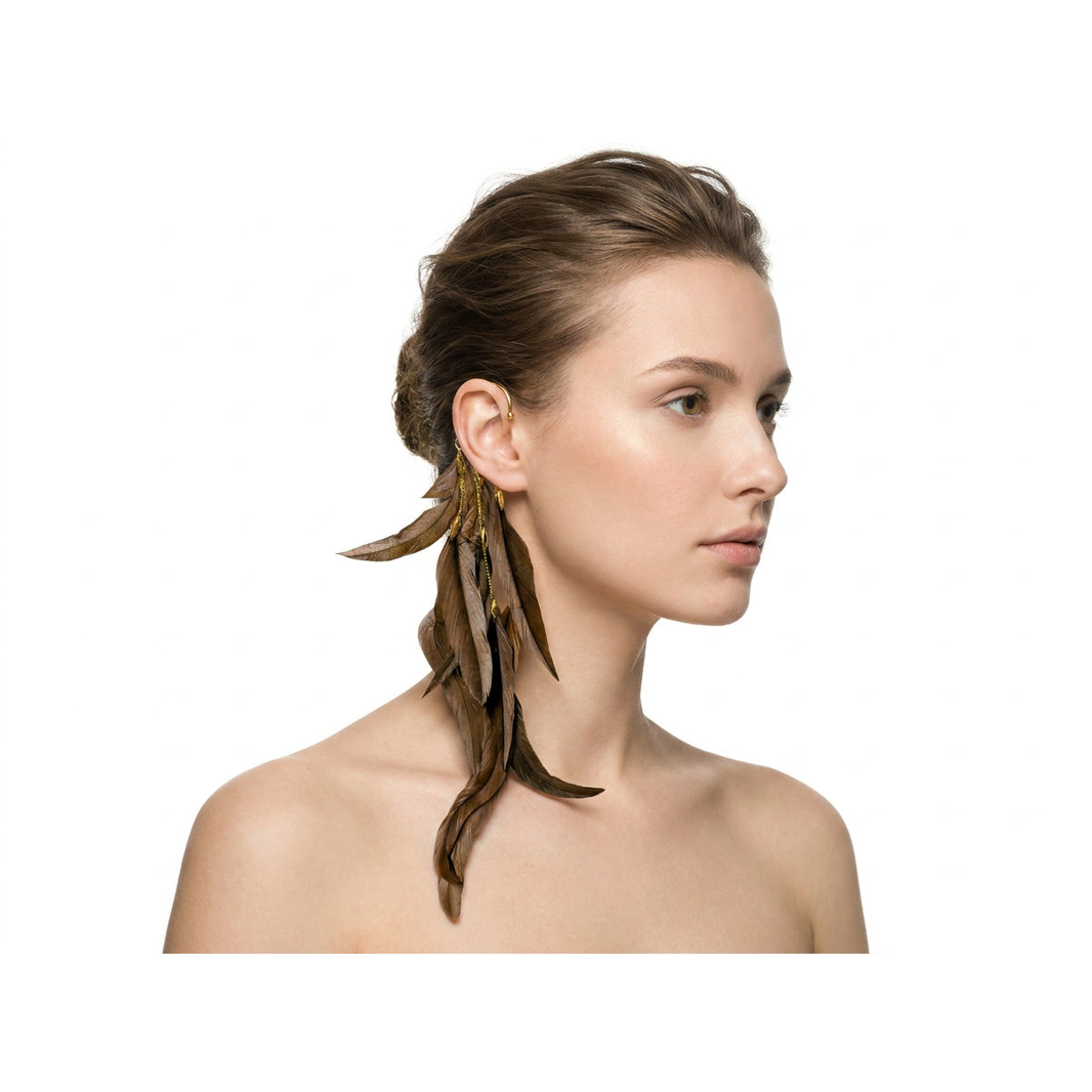 Boho Feather Ear Cuff — Chocolate Brown Feather Earring in Gold, No Piercing Needed