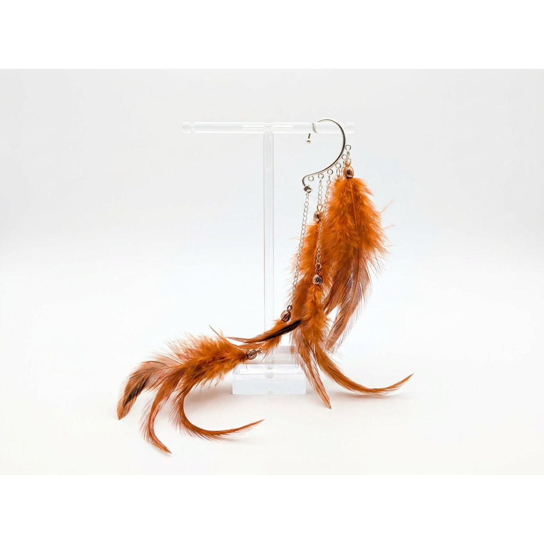 Boho Feather Ear Cuff — Rust Cinnamon Feather Earring in Silver, No Piercing Needed