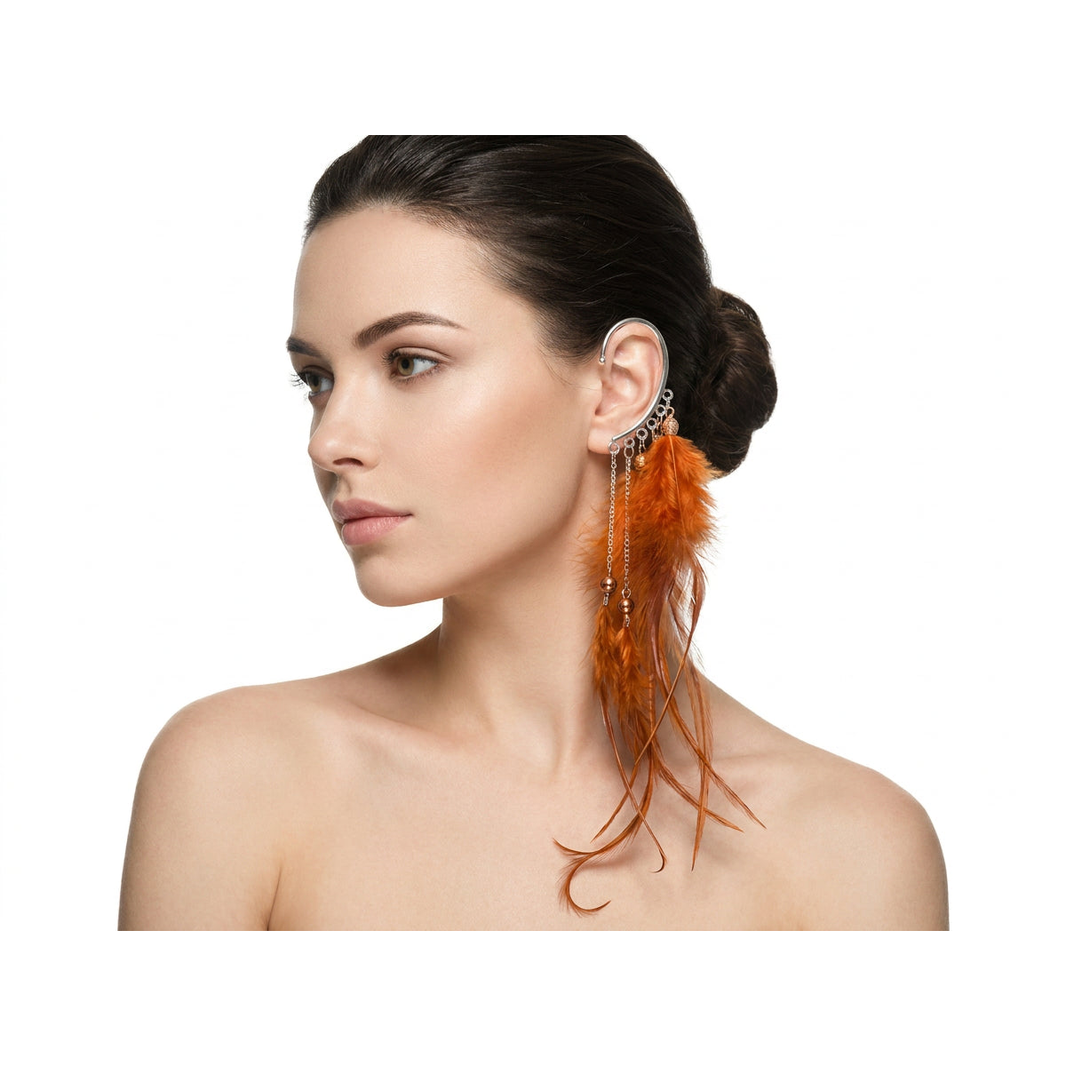 Boho Feather Ear Cuff — Rust Cinnamon Feather Earring in Silver, No Piercing Needed