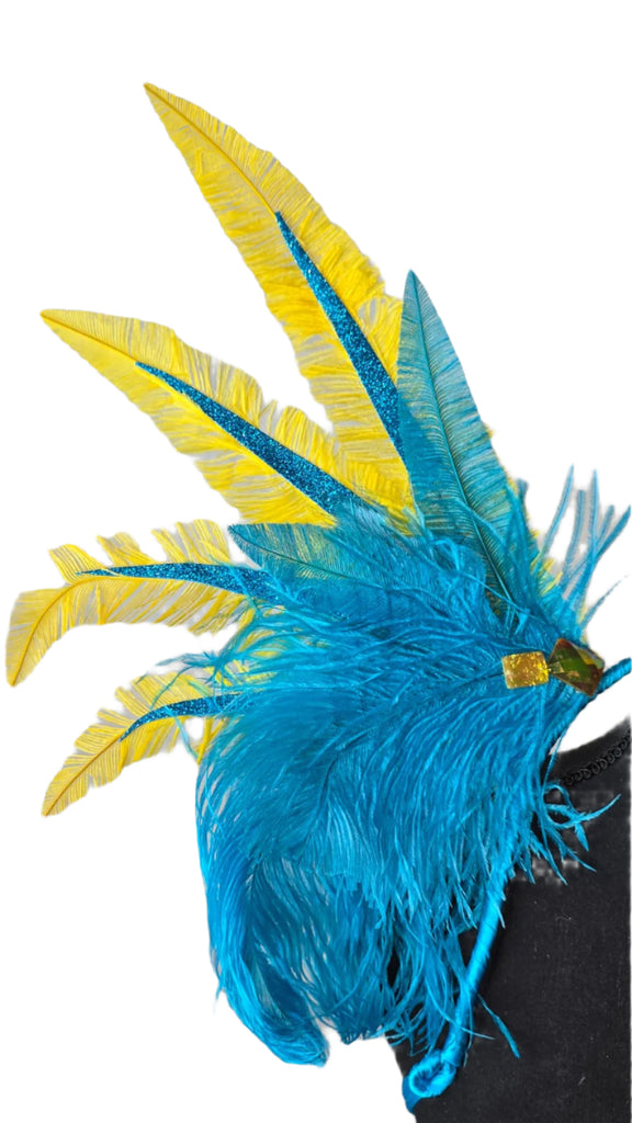 Caribbean Sunrise Feather Small Collar Wings featuring vibrant turquoise blue and sunny yellow feathers with sparkling accents; lightweight, adjustable, and handmade for carnival and festival wear. #CARNIVALFEATHERS #CARNIVAL #CARNIVALCOSTUMES
