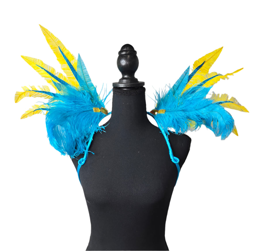 Caribbean Sunrise Feather Small Collar Wings featuring vibrant turquoise blue and sunny yellow feathers with sparkling accents; lightweight, adjustable, and handmade for carnival and festival wear. #CARNIVALFEATHERS #CARNIVAL #CARNIVALCOSTUMES