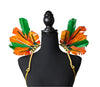 Carnival Citrus Feather Small Collar Wings featuring a vibrant blend of orange and green feathers with sparkling embellishments; lightweight, adjustable, and handmade for carnival and festival wear. #CARNIVALFEATHERS #CARNIVAL #CARNIVALCOSTUMES