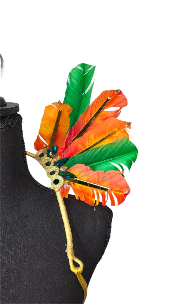 Carnival Citrus Feather Small Collar Wings featuring a vibrant blend of orange and green feathers with sparkling embellishments; lightweight, adjustable, and handmade for carnival and festival wear. #CARNIVALFEATHERS #CARNIVAL #CARNIVALCOSTUMES