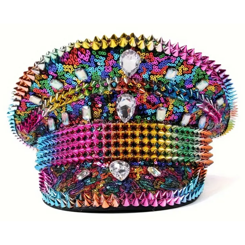 Carnival Edge Festival Hat featuring bold rivets and shimmering accents, perfect for festivals, carnivals, and themed events
