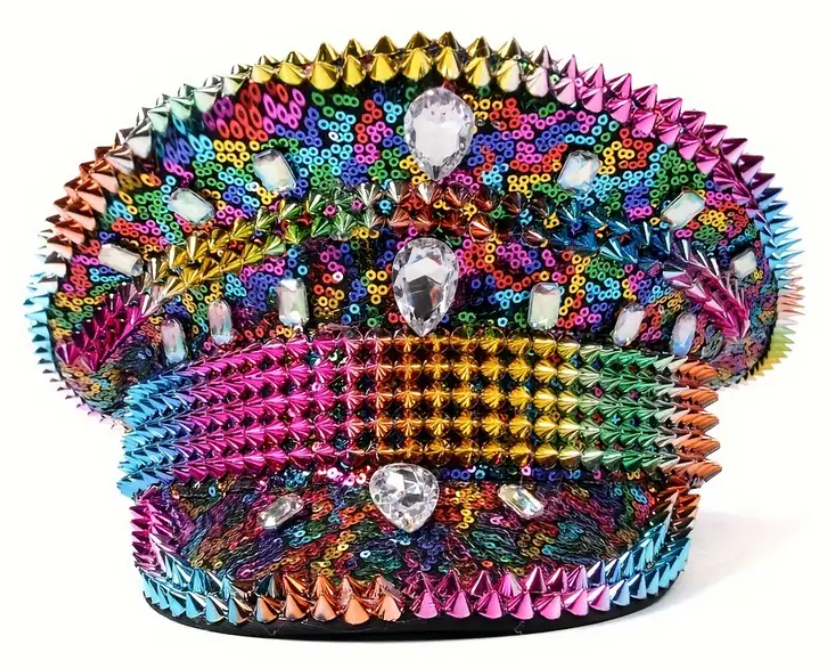 Carnival Edge Festival Hat featuring bold rivets and shimmering accents, perfect for festivals, carnivals, and themed events. Made from lightweight, 100% non-woven fabric for comfort and standout style. #carnivalmw