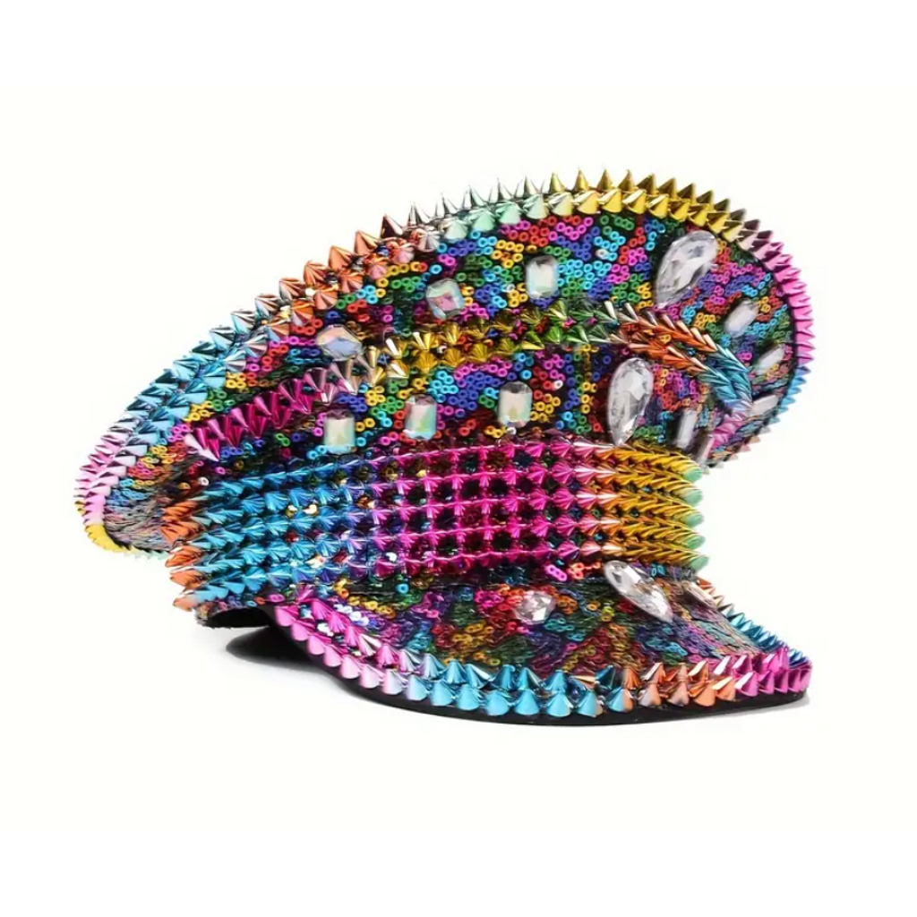Carnival Edge Festival Hat featuring bold rivets and shimmering accents, perfect for festivals, carnivals, and themed events