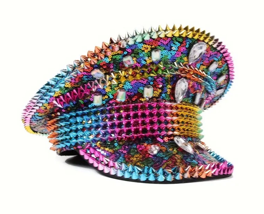 Carnival Edge Festival Hat featuring bold rivets and shimmering accents, perfect for festivals, carnivals, and themed events. Made from lightweight, 100% non-woven fabric for comfort and standout style. #carnivalmw