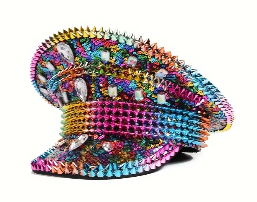 Carnival Edge Festival Hat featuring bold rivets and shimmering accents, perfect for festivals, carnivals, and themed events. Made from lightweight, 100% non-woven fabric for comfort and standout style. #carnivalmw