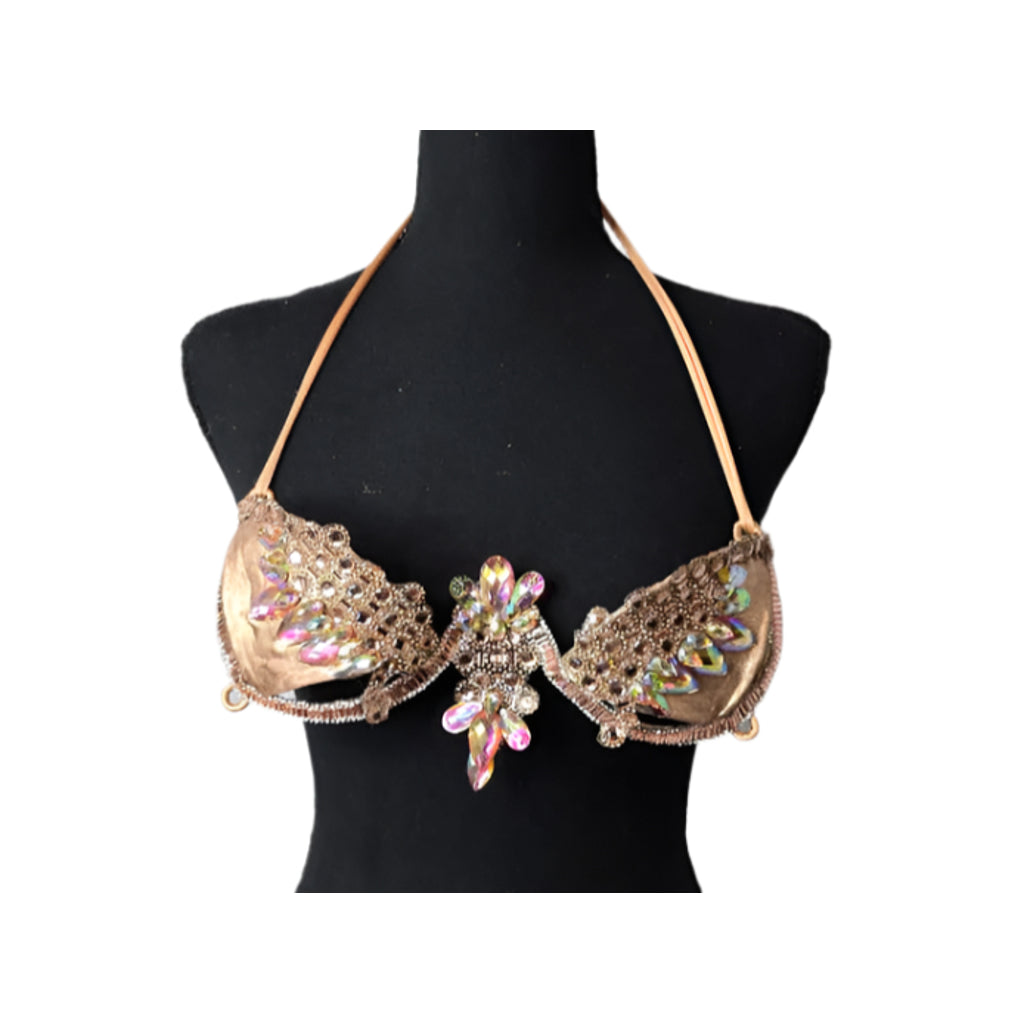 Champagne Radiance Decorated Wire Bra with a champagne-gold base, iridescent crystal petals, and gold beaded details, displayed on a black mannequin