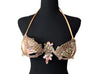 Champagne Radiance Decorated Wire Bra with a champagne-gold base, iridescent crystal petals, and gold beaded details, displayed on a black mannequin—ideal for festivals, carnivals, and glamorous performances. #CarnivalMW #CarnivalReady #WireBra