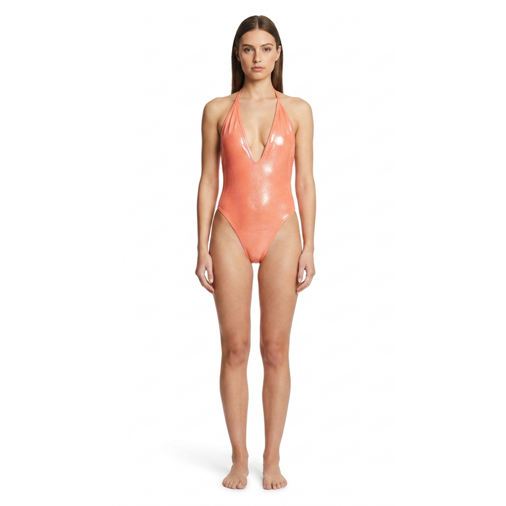 Citrus Glow Metallic Halter One-Piece Monokini Swimsuit Mondaywear — bold one-piece swimsuit for carnival Monday wear, fetes, festivals, pool, and beach