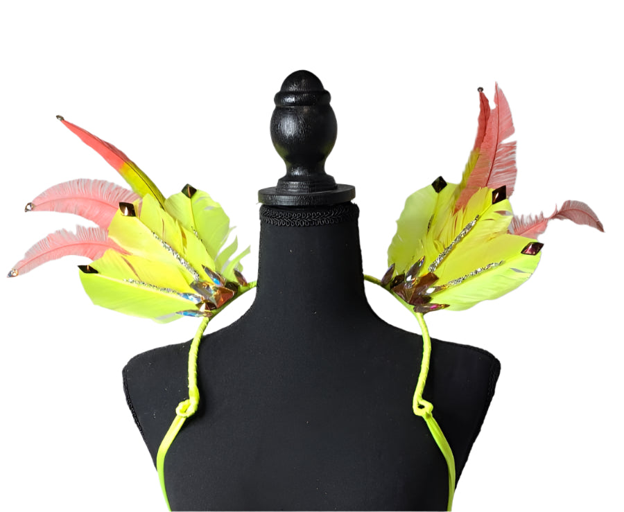 Citrus Bloom Feather Small Collar Wings featuring a vibrant mix of neon yellow and pink feathers with sparkling accents; lightweight, adjustable, and handmade for carnival and festival wear. #CARNIVALFEATHERS #CARNIVAL #CARNIVALCOSTUMES
