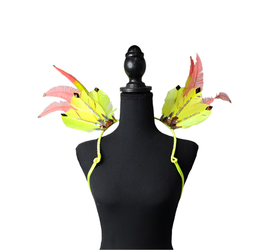 Citrus Bloom Feather Small Collar Wings featuring a vibrant mix of neon yellow and pink feathers with sparkling accents; lightweight, adjustable, and handmade for carnival and festival wear. #CARNIVALFEATHERS #CARNIVAL #CARNIVALCOSTUMES