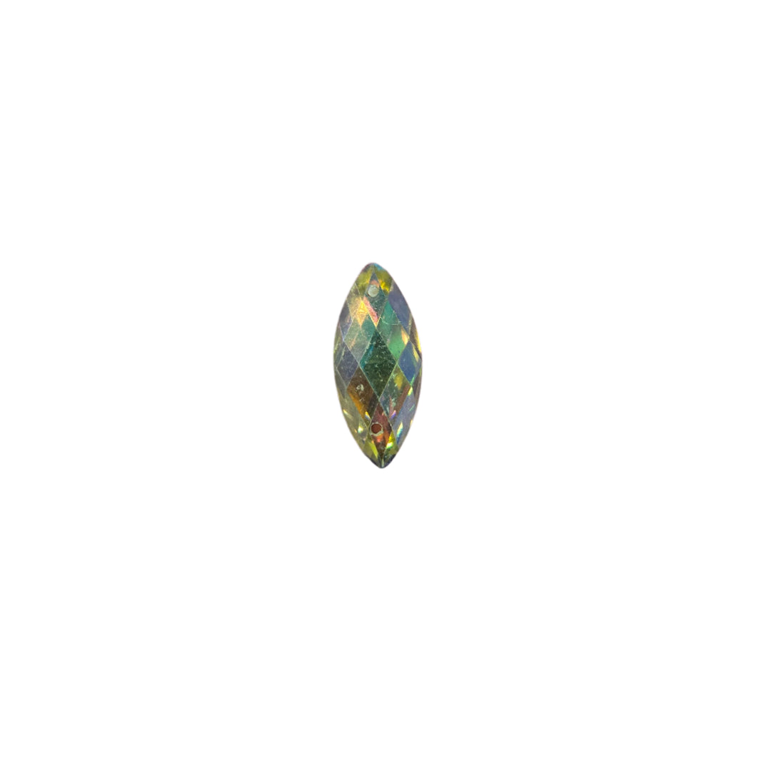 Clear AB marquise sew-on flatback rhinestone, 16x22MM, featuring an Aurora Borealis finish, perfect for enhancing carnival costumes and custom designs