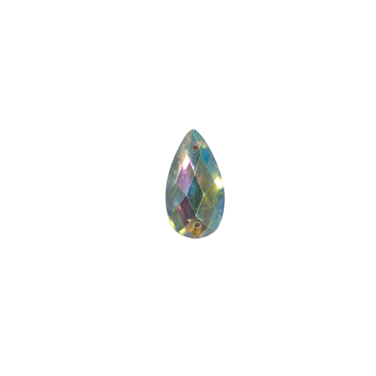 Clear teardrop AB sew-on flatback rhinestone, 16x22MM, perfect for enhancing carnival costumes and custom designs with its sparkling Aurora Borealis finish