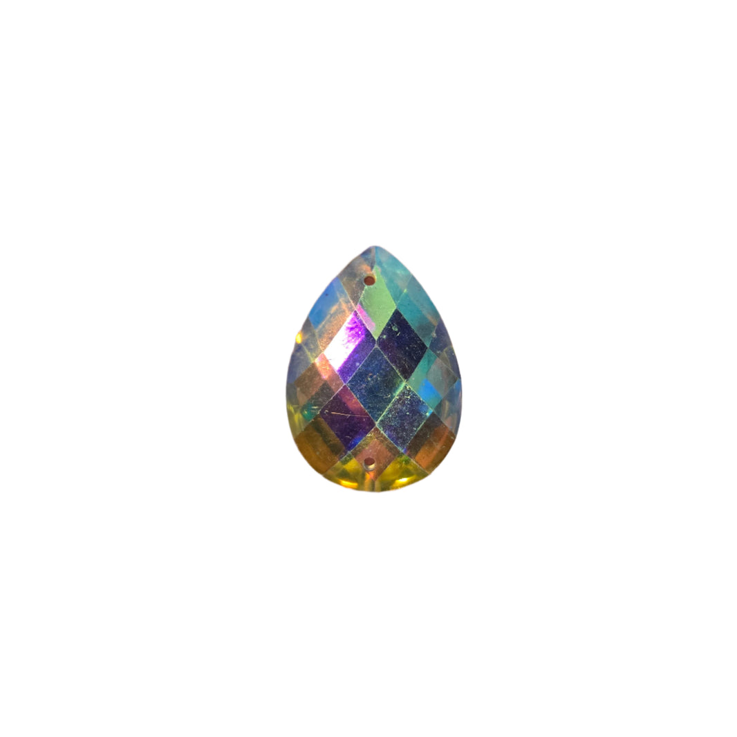 Clear teardrop AB sew-on rhinestone, 18x26MM, featuring an Aurora Borealis finish, ideal for enhancing carnival costumes and custom designs