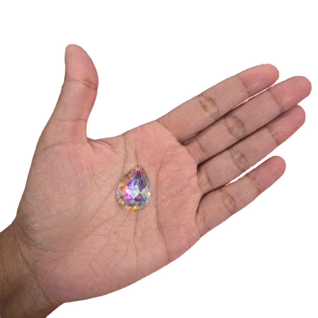 Clear teardrop AB sew-on rhinestone, 18x26MM, featuring an Aurora Borealis finish, ideal for enhancing carnival costumes and custom designs