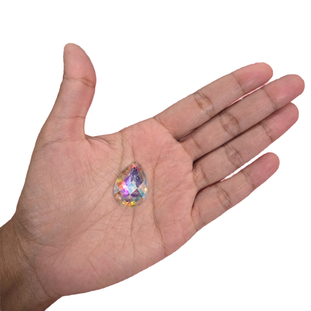 Clear teardrop AB sew-on rhinestone, 18x26MM, featuring an Aurora Borealis finish, ideal for enhancing carnival costumes and custom designs. #carnivalmw #carnivalsupplies