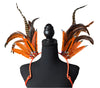 Copper Flame Feather Small Collar Wings featuring a striking blend of orange and brown feathers with copper-toned accents and sparkling embellishments; lightweight, adjustable, and handmade for carnival and festival wear. #CARNIVALFEATHERS #CARNIVAL #CARNIVALCOSTUMES
