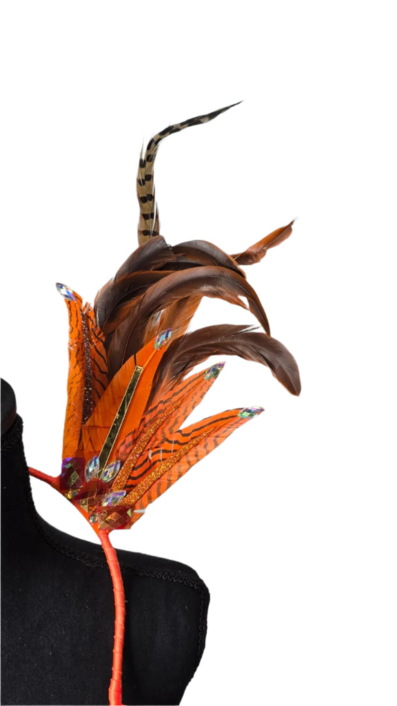 Copper Flame Feather Small Collar Wings featuring a striking blend of orange and brown feathers with copper-toned accents and sparkling embellishments; lightweight, adjustable, and handmade for carnival and festival wear. #CARNIVALFEATHERS #CARNIVAL #CARNIVALCOSTUMES