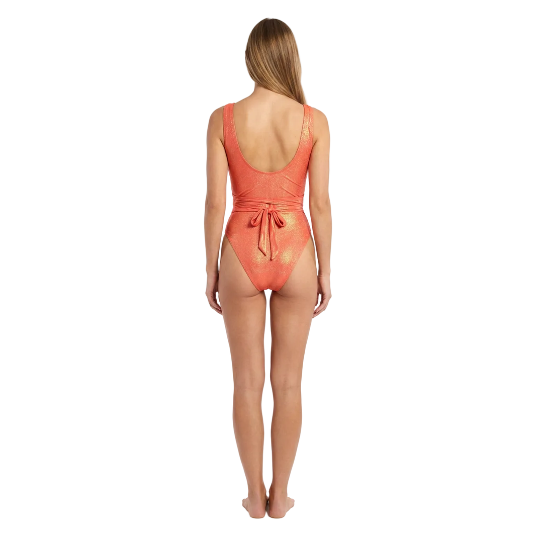 Coral Metallic Shimmer One-Piece Monokini Swimsuit Mondaywear — bold one-piece swimsuit for carnival Monday wear, fetes, festivals, pool, and beach