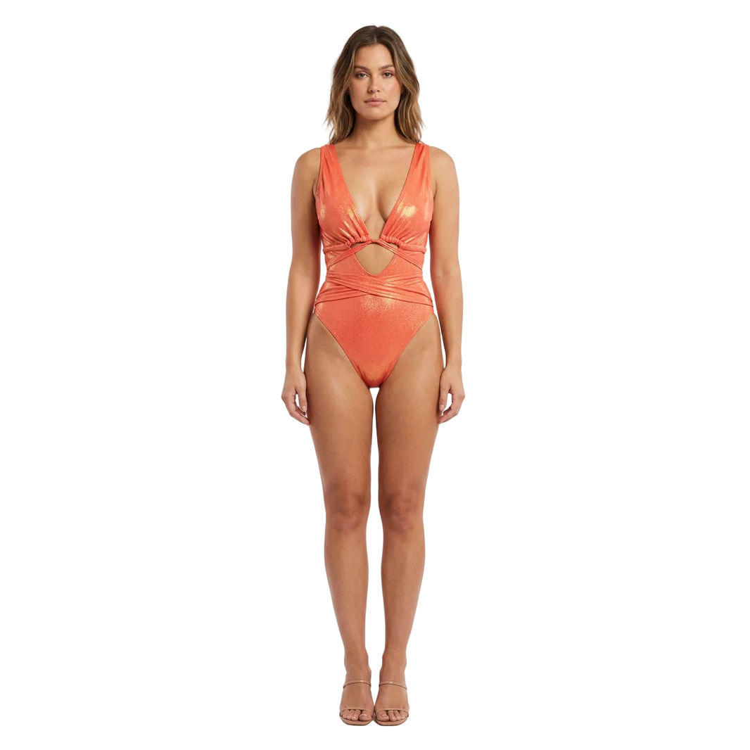 Coral Metallic Shimmer One-Piece Monokini Swimsuit Mondaywear — bold one-piece swimsuit for carnival Monday wear, fetes, festivals, pool, and beach